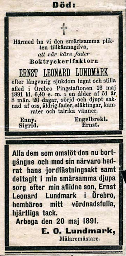 Ernst Leonard Lundmark dödsannonser